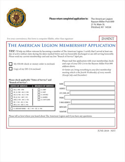 American Legion, Rayson-Miller Post 899 Application form
