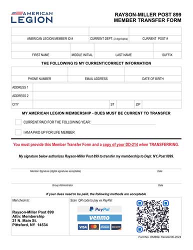 Rayson-Miller Post 899 Member Transfer Form